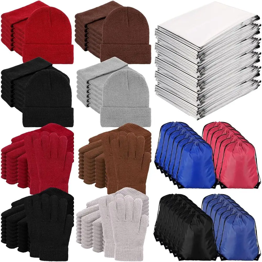 

96-Piece Winter Care Package: Thermal Gloves, Blankets, and Drawstring Bags for Men & Women