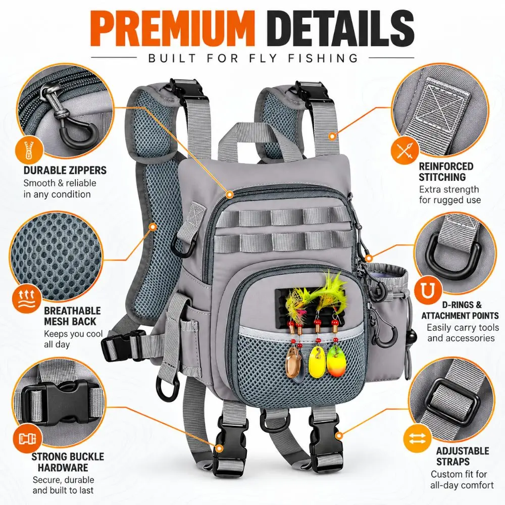 Lightweight Fly Fishing Chest Pack Waterproof Adjustable Fit Angler Gear Carrier Breathable Quick Release Fishing Tackle Pack
