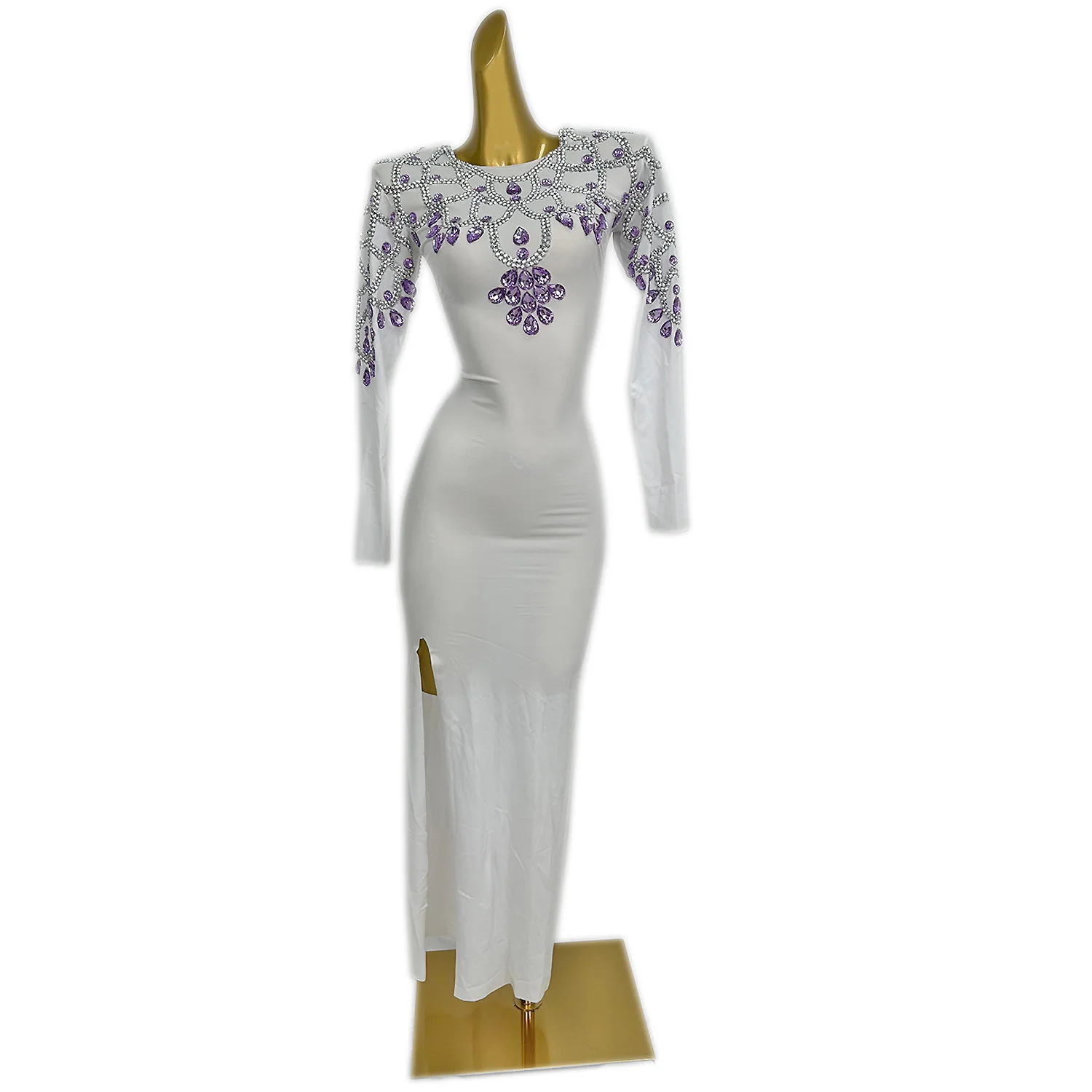 

Fashion Simple Women's White Dress Purple Gemstone Shawl Slit Long Dress Wedding Banquet Birthday Party Theme Ball Dress chunbai