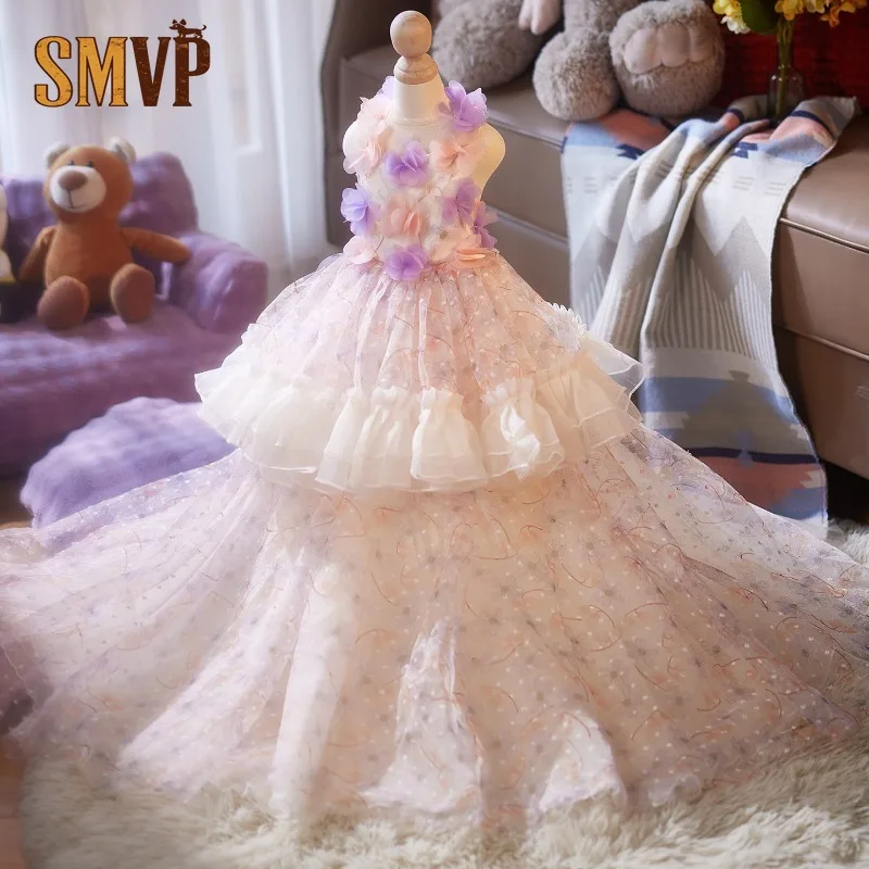 Pink Detachable Dual-Wear Pet Princess Dress 3D Flower Lace Multi-Layer Ruffle Tulle Train Gown Summer Formal Outfit for Pets