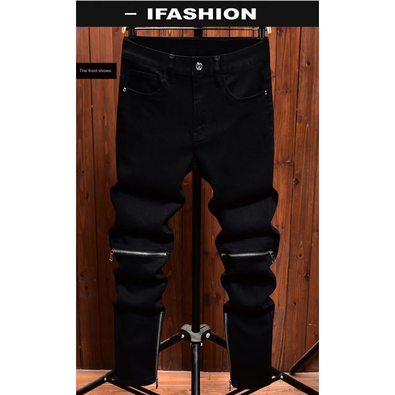 

Осенние черные джинсы, мужские облегающие брюки для маленьких ног, американский модный тренд, мотоциклетные брюки с застежкой-молнией до колена