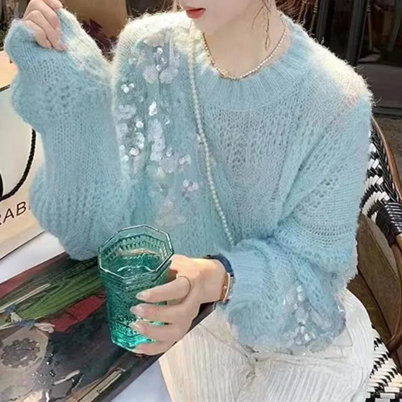 2022  Women Shiny Thicken Warm Sequin Sweater Female Harajuku Tassel Sequins Bead Sweaters Knitted Jumper Femme Pullovers Mujer