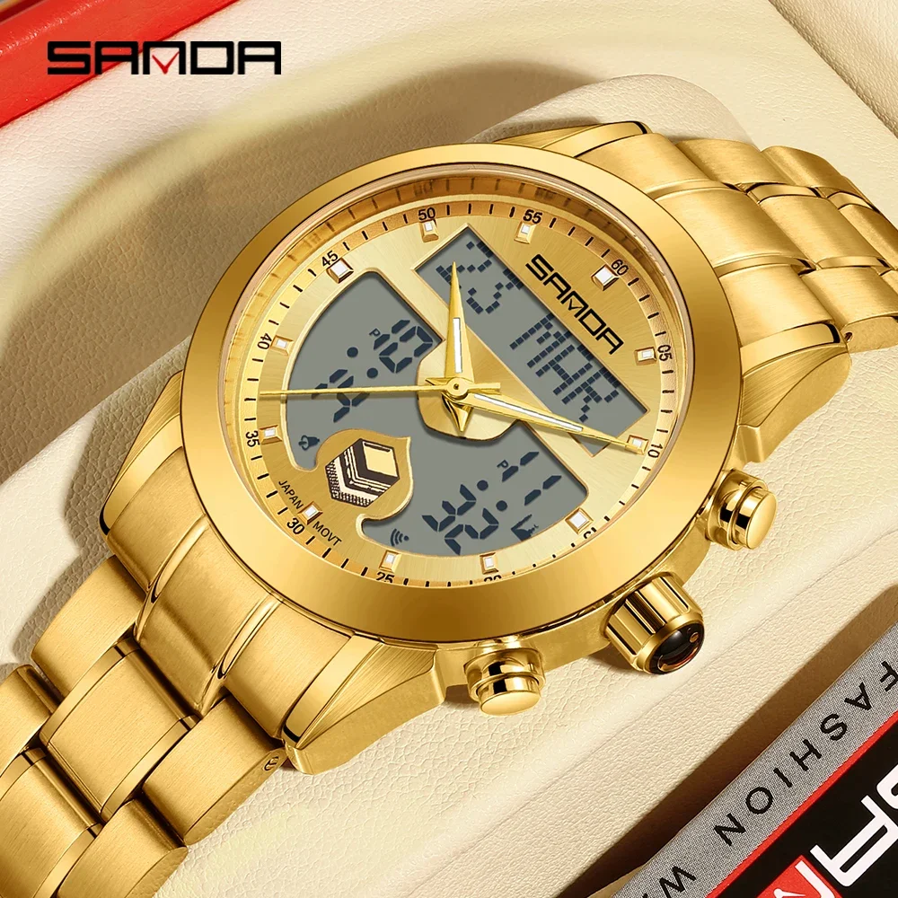 SANDA 6204 Men\'s Quartz Watch Fashionable and Elegant Arabic Tidal Indicator Fashionable Timing Steel Band Men\'s Watch