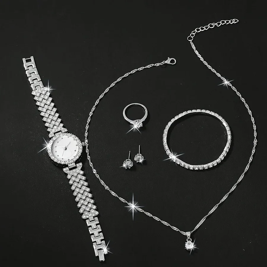 ساعة كوارتز نسائية بمؤشر مستدير ، حجر الراين اللامع ، ساعة معصم تناظرية ، طقم مجوهرات ، هدية لأمي ، لها ، 6 أو