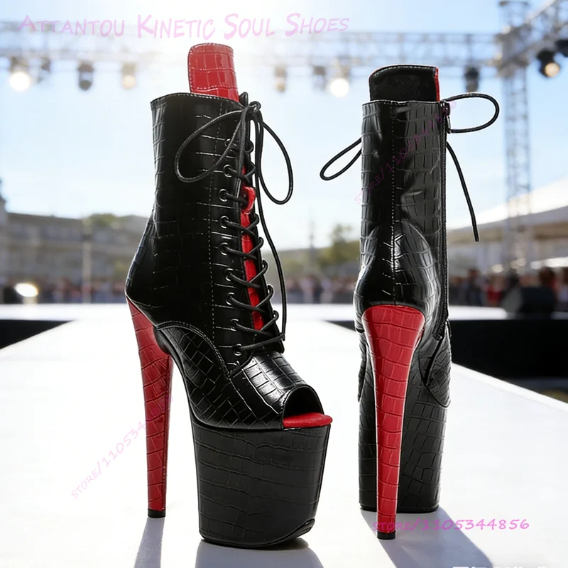 Black Red Snakeskin Scale Boots Lace Up 20cm 8 Inch Platform Peep Toe Zip Stiletto Heels Pole Dancers Sexy Striped Solid Shoes