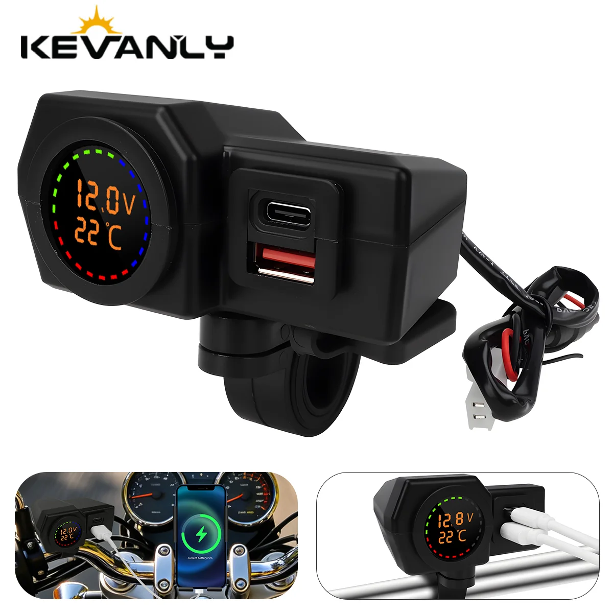 Motorcycle USB Fast Charger Handlebar Rear Mirror Base USB Type-C Sockets With Digital Voltmeter Thermometer 12V Power Supply