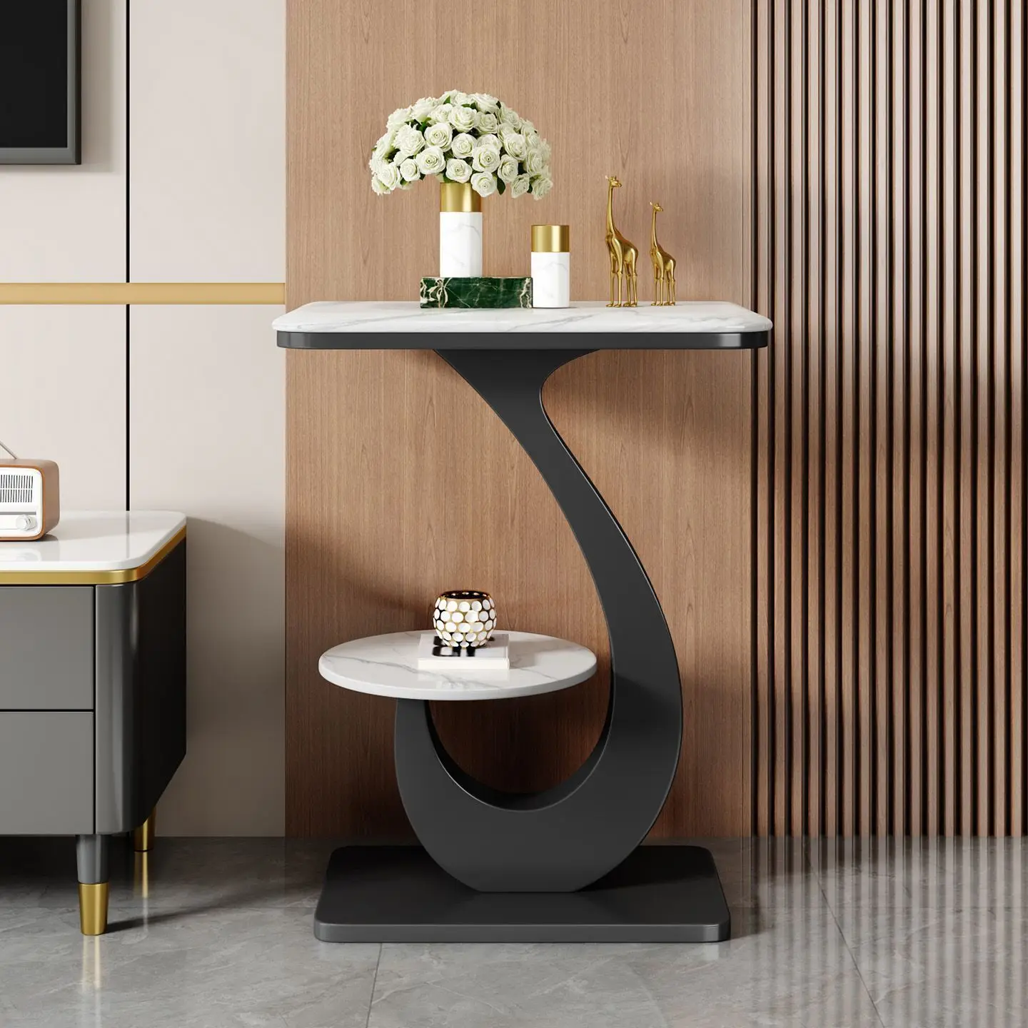 Light luxury rock slab edge a few small coffee tables, living room sofa edge a few side flower shelves, indoor household