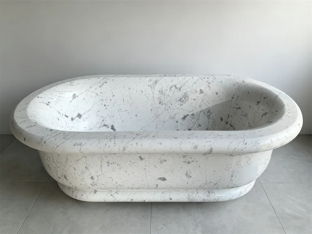 #￥Customized Natural Stone Bathtub White Marble Free Standing Soaking Tub for Hotel and Villa Bathroom