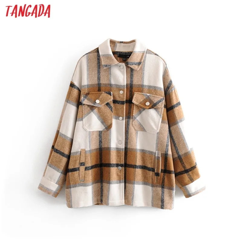 Tangada 2020 Winter Women green plaid Long Coat Jacket Casual High Quality Warm Overcoat Fashion Long Coats 3H04