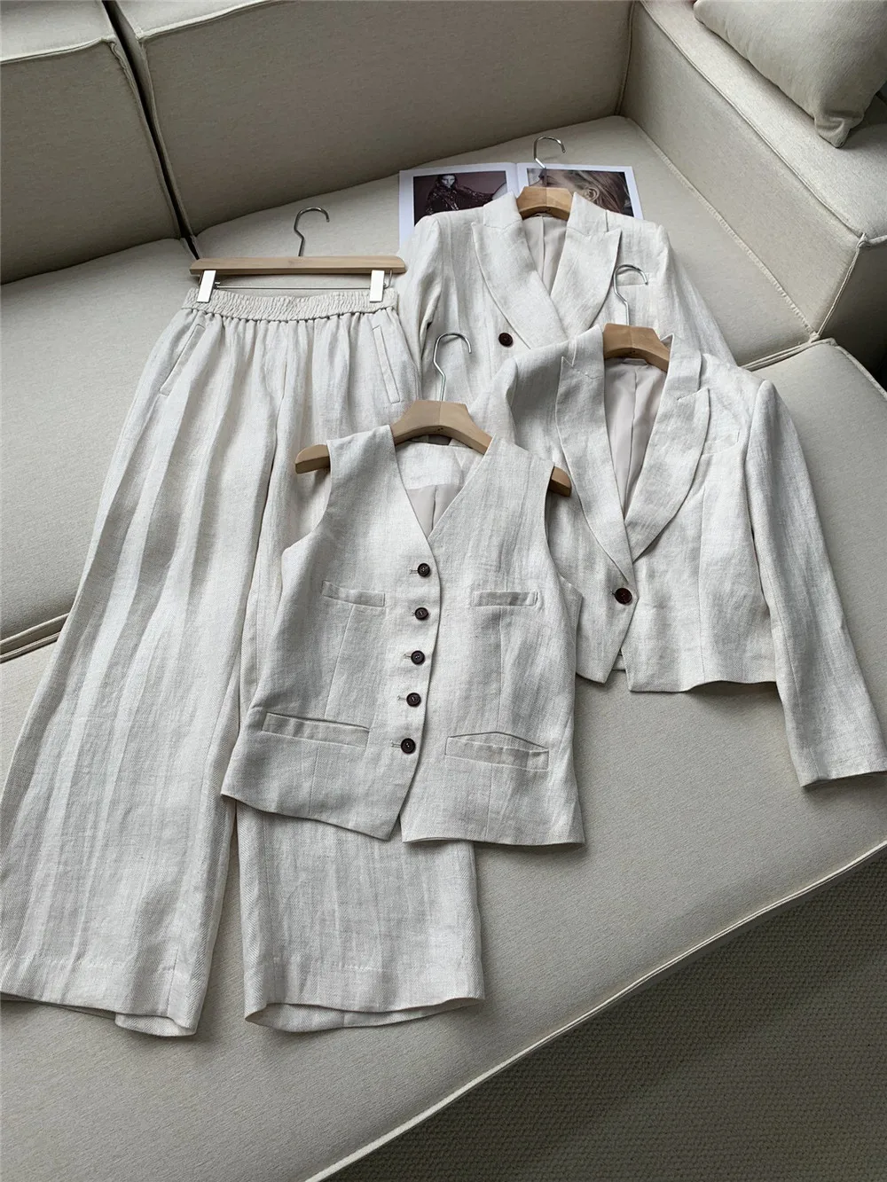 B*C New Linen Suit Series Blazer Coat +Tops + Vest + Elastic Waist Straight Leg Pants casual versatile thin section