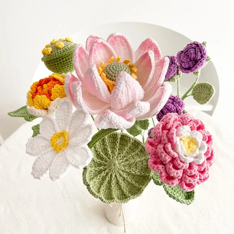 New Lotus and Peony Simulation Bouquet Home Desktop Decoration Exquisite Woven Flower Finished Product