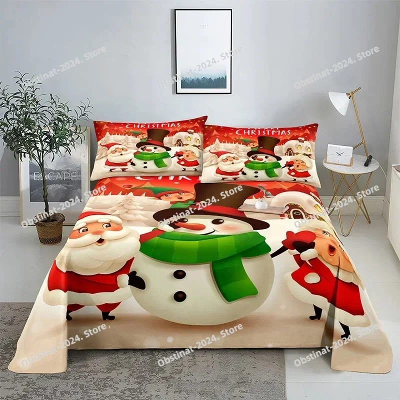 2026 Merry Christmas Bed Sheet Set with Pillowcase Santa Claus Home Decor New Year Full King Queen Size Red Sets Flat Sheet