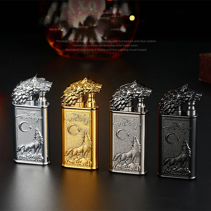 New Windproof 3D Wolf Double Flame Lighter Metal Double Flame Conversion Jet Inflatable Portable Lighter Trendy Men\'s Gift