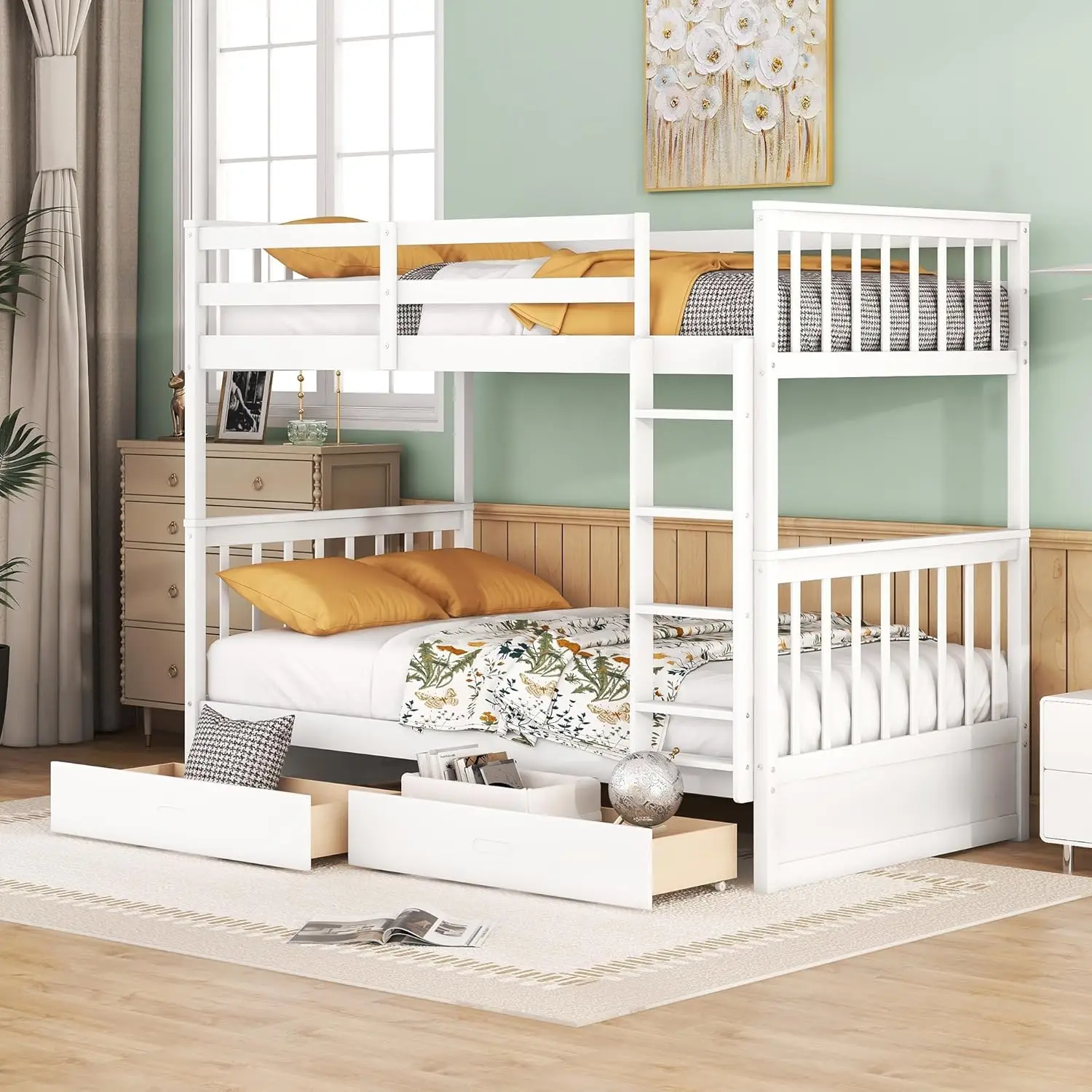 Wood Bunk Bed Twin Over Twin with Drawers, Convertible Frame with Ladders, Solid Wood, White