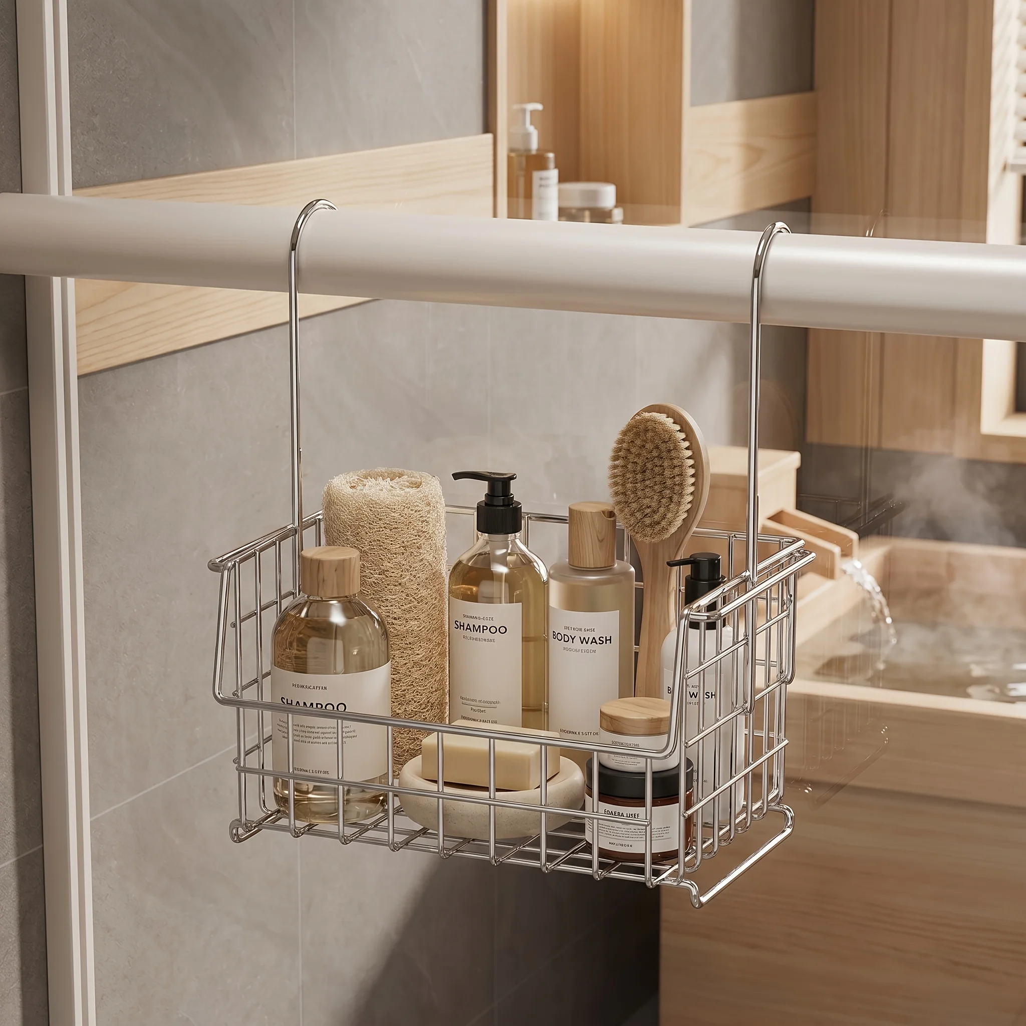 Cestino portaoggetti da doccia in acciaio inossidabile, senza foratura, per bagno, organizer per accessori da doccia, a prova di ruggine, con scarico