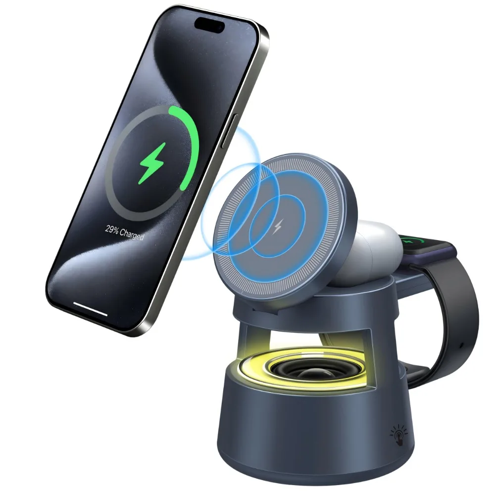 New 5 in 1 Quick Charge Magnetic Wireless Charger With Speaker And Night Light compatible with iPhone iWatch Earbuds