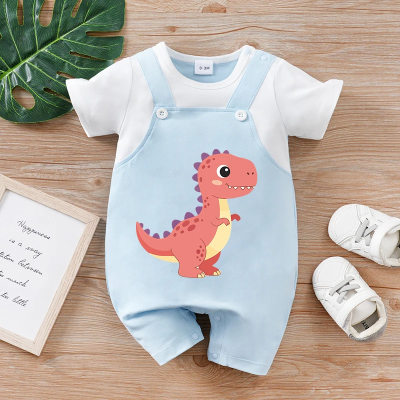 

Летний комплект из двух предметов с короткими рукавами: милый комбинезон с динозаврами розового и синего цвета с круглым вырезом для мальчиков и девочек, мягкий и удобный.