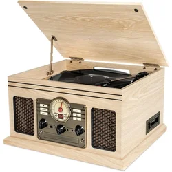 Nostalgic 6-in-1 Bluetooth Record Player & Multimedia Center with Built-in Speakers - 3-Speed Turntable, CD & Cassette Player