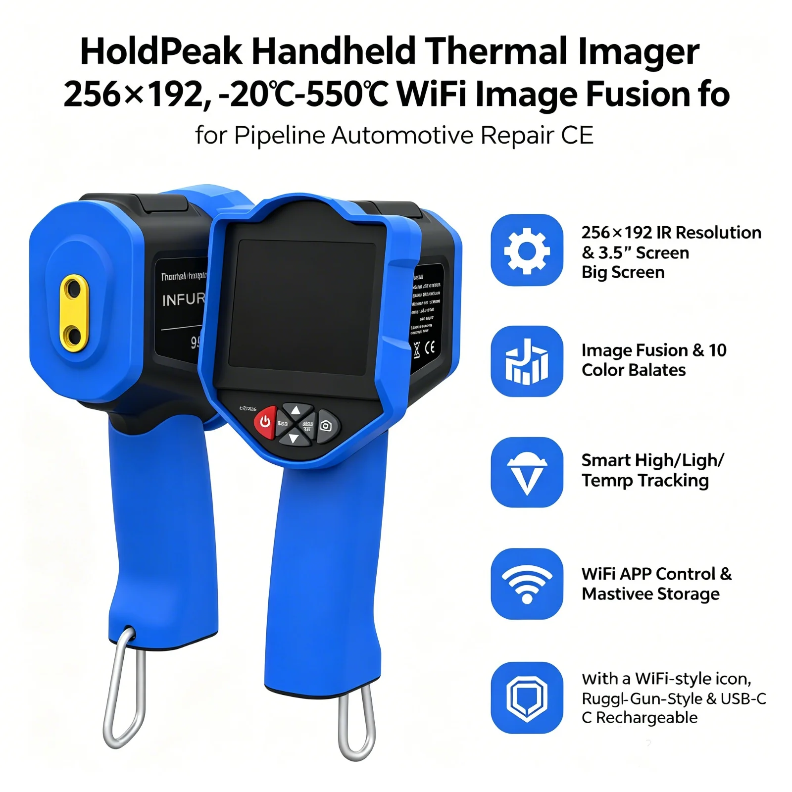 HoldPeak Handheld Thermal Imager 256×192,‑20℃‑550℃ WiFi Image Fusion for Pipeline Automotive Repair CE
