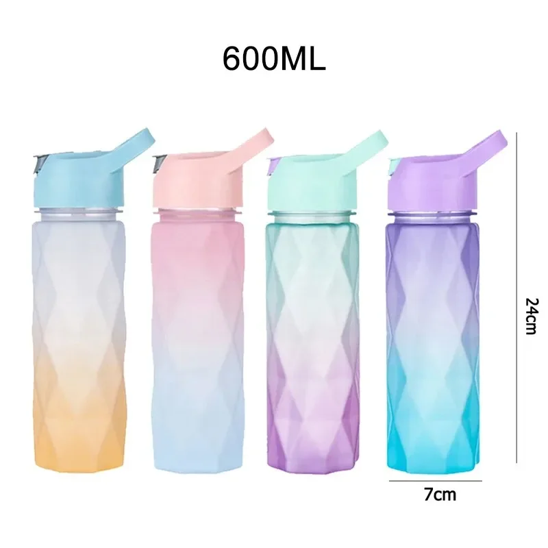 

600ML Gradient Sports Water Bottle For Girls Plastic Water Bottles With Straw Portable Drinking Bottle For Outdoor Travel Gym