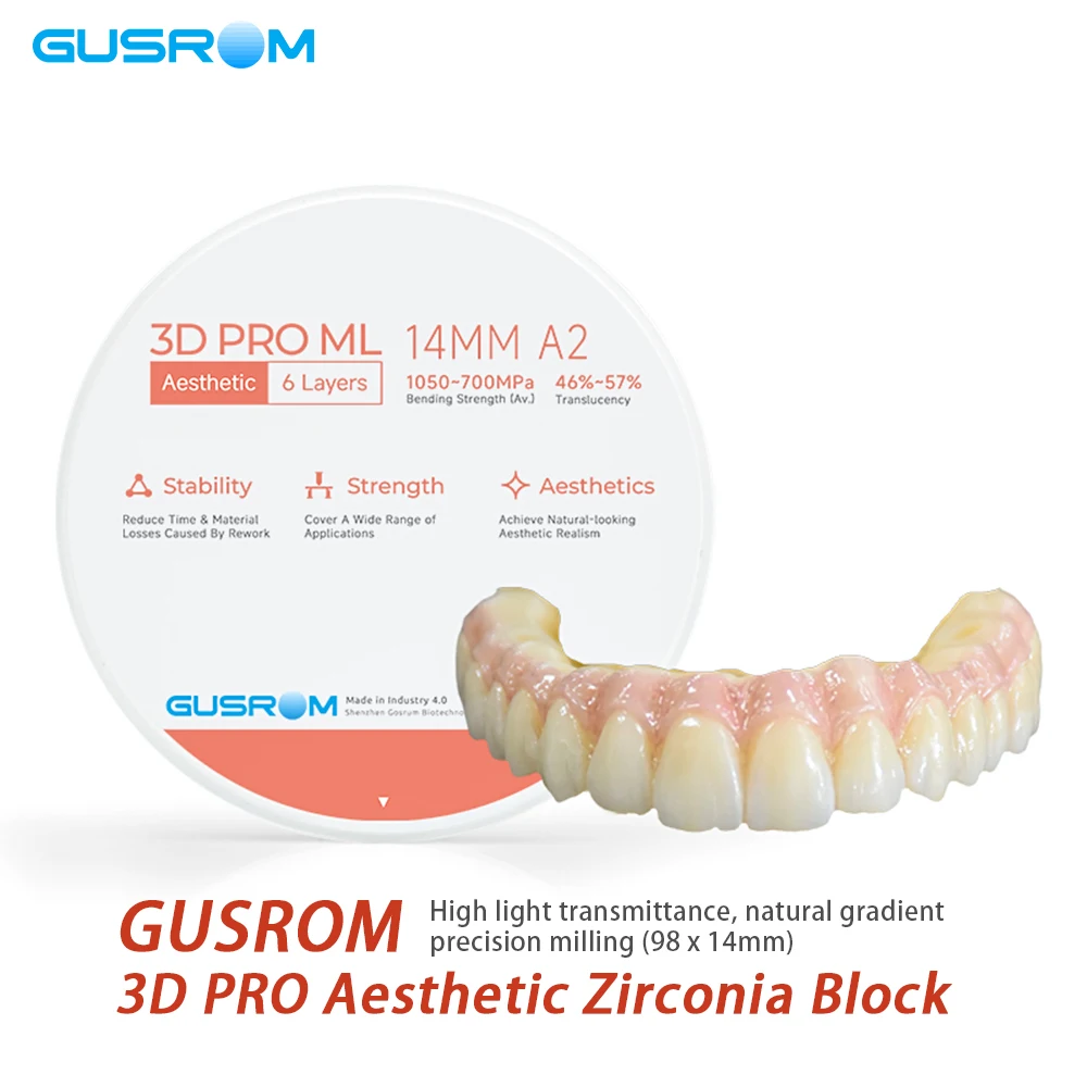 

GUSROM 3D PRO ML Эстетический многослойный циркониевый блок 98x14 мм 6-слойный высокопрочный 46%-57% полупрозрачный стоматологический материал CAD/CAM