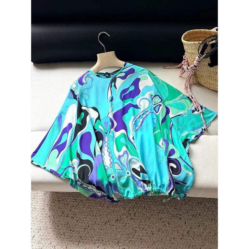 

Spring Summer Fashion Indoor Daily Vintage Geometric Print Casual Blouses Women's O-Neck Batwing Long Sleeve Loose Pullovers