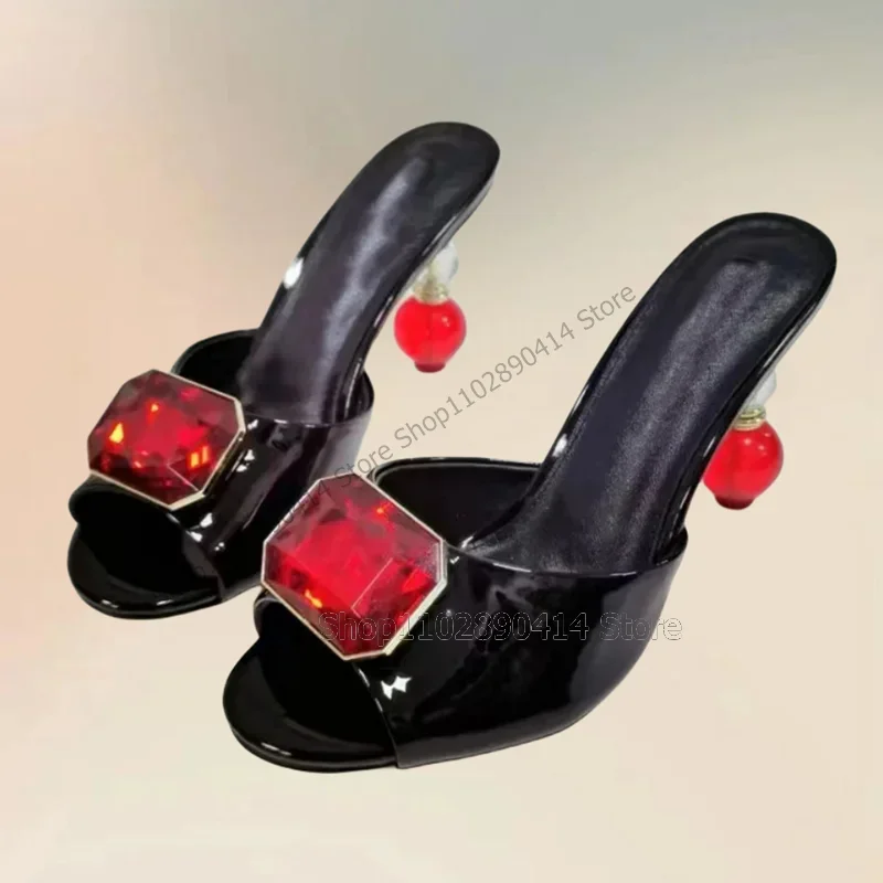 

Red Crystal Black Peep Toe Strange Style Heels Slippers Slip On Women Shoes Novel Fashion Party Banquet 2023 Zapatos Para Mujere