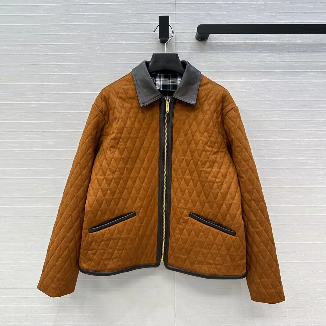 

Vintage Suede Argyle Quilted Jacket Women Leather Splice Lapel Long Sleeve Zipper Loose Casual Cotton Liner New Winter Warm Coat