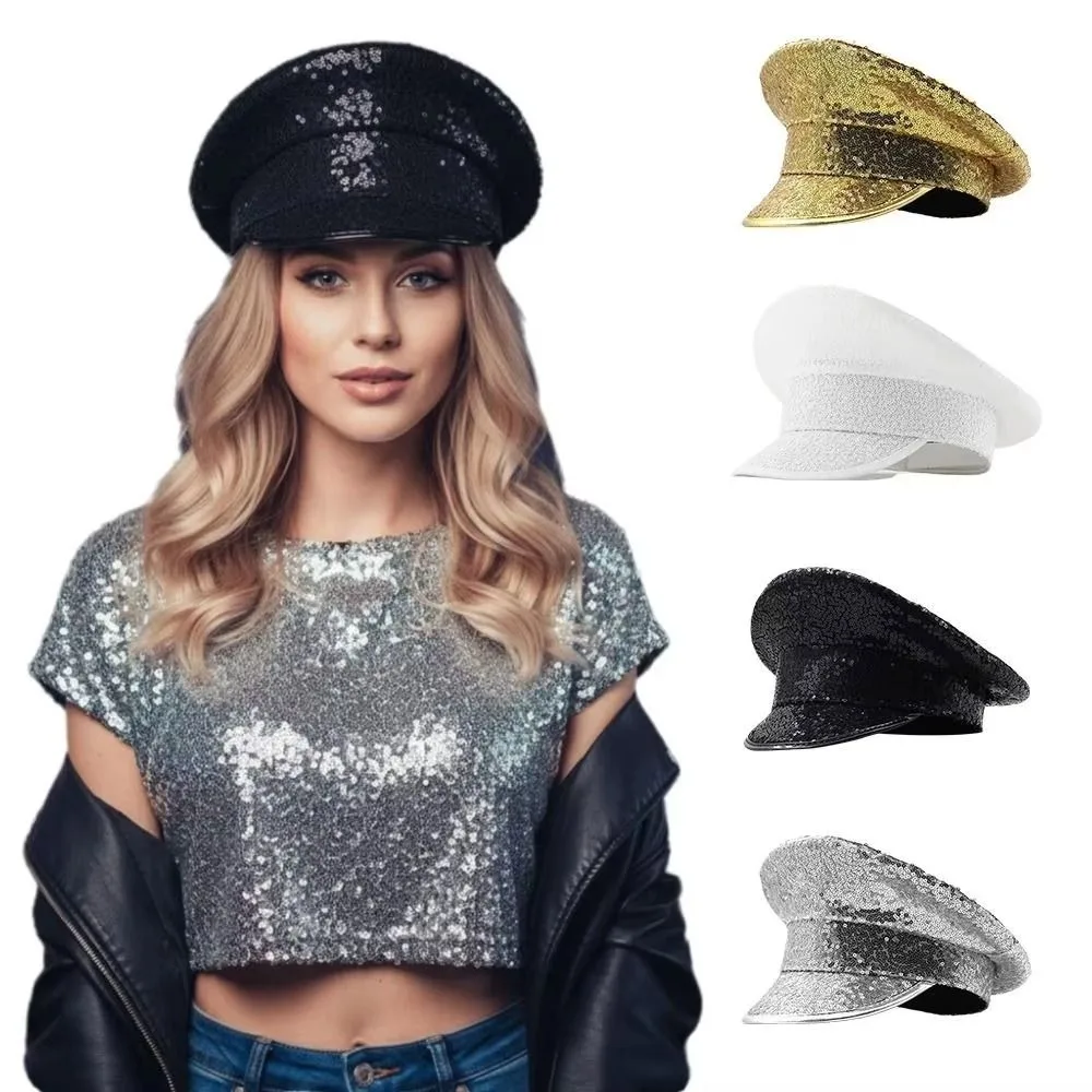 Dance Props PU Leather Sequin Flat Top Hat Shiny Sergeant Style Hats Sunscreen UV Protection Embellished Hat Festival Events