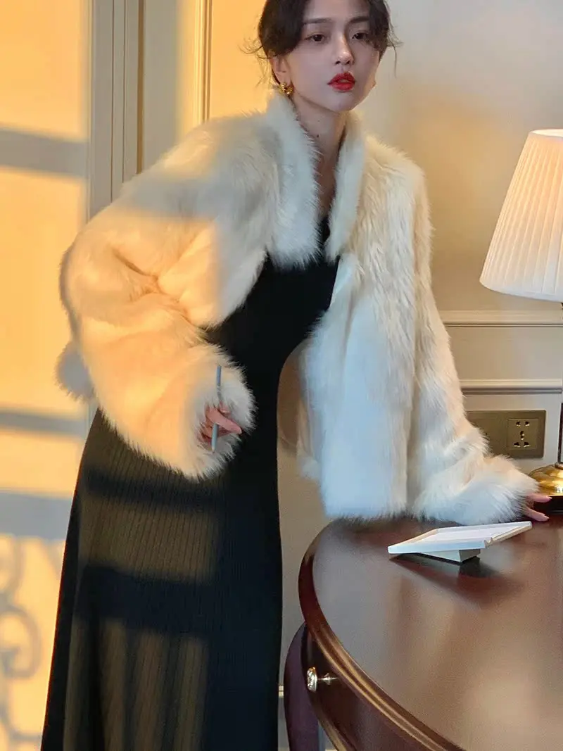 

Classic Return Winter Loose Slimming Fur Jaet ort Warm Synthetic Leather Women's Top Hong Kong Sle A-Line Coat