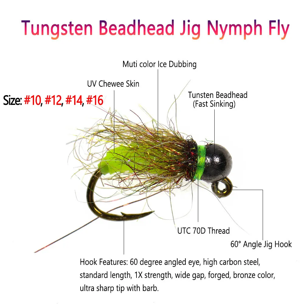 Bimoo 6PCS #12 #14 #16 Barbed Tungsten Bead Head Jig Nymph Fly Fast Sinking Wet Euro Nymph Fly For Trout Fishing Lures Baits