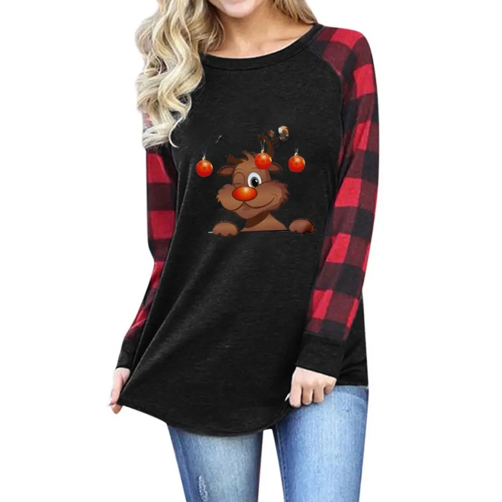 

Women's Long-Sleeved T-Shirt Plaid Multi-Image Print round Neck Stitching Design Autumn Winter Top for European American Style