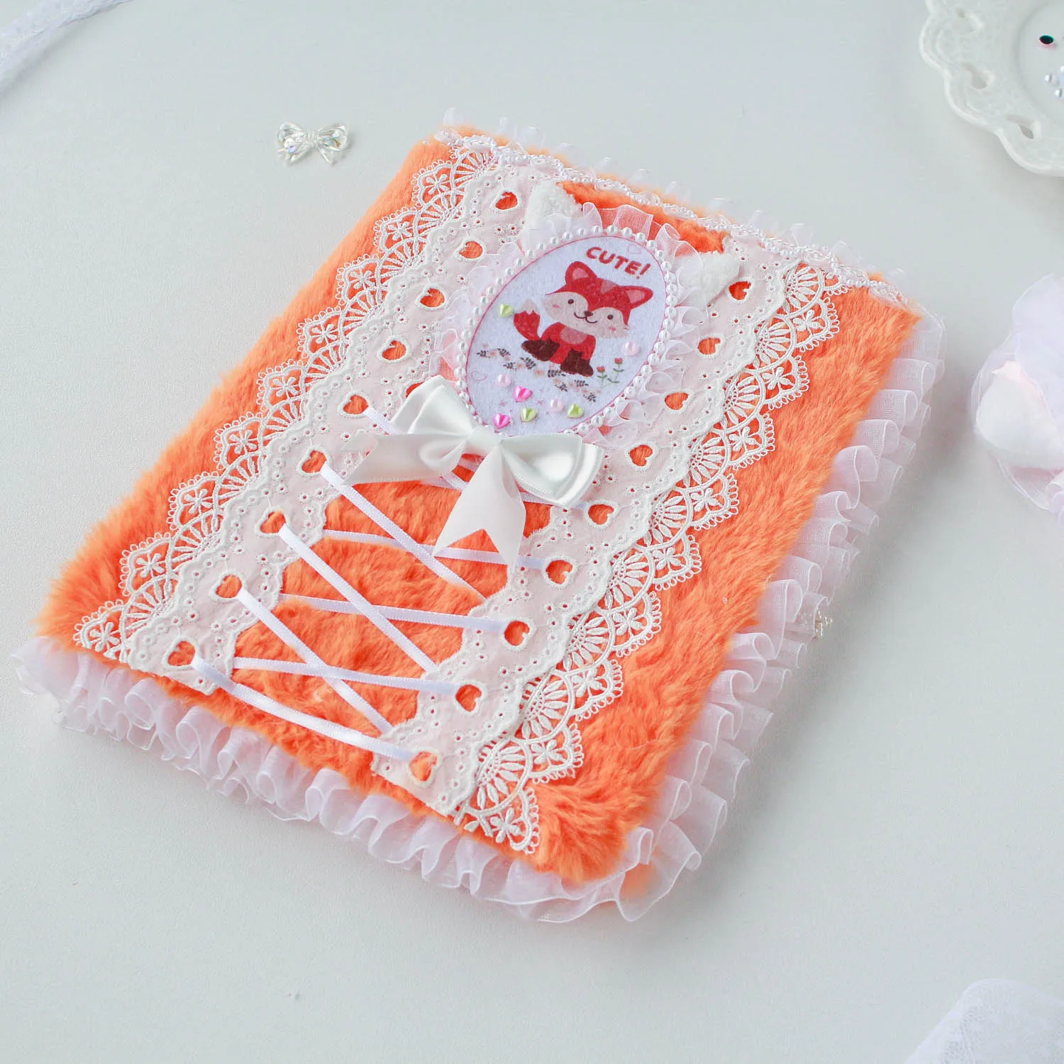 A5 Cute Plush Kpop Binder Photocard Storage Book Stationery  Album Orange Kawaii Fox Lace Style Collect Book Ring Binder