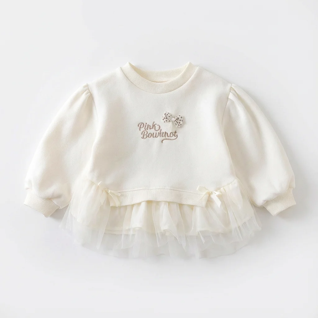 2026 Baby Girls Pink Bottom T-Shirt Spring Mesh Fabric Shirt 3D Bow Top for Girl Big Kids Long Sleeve Casual Top