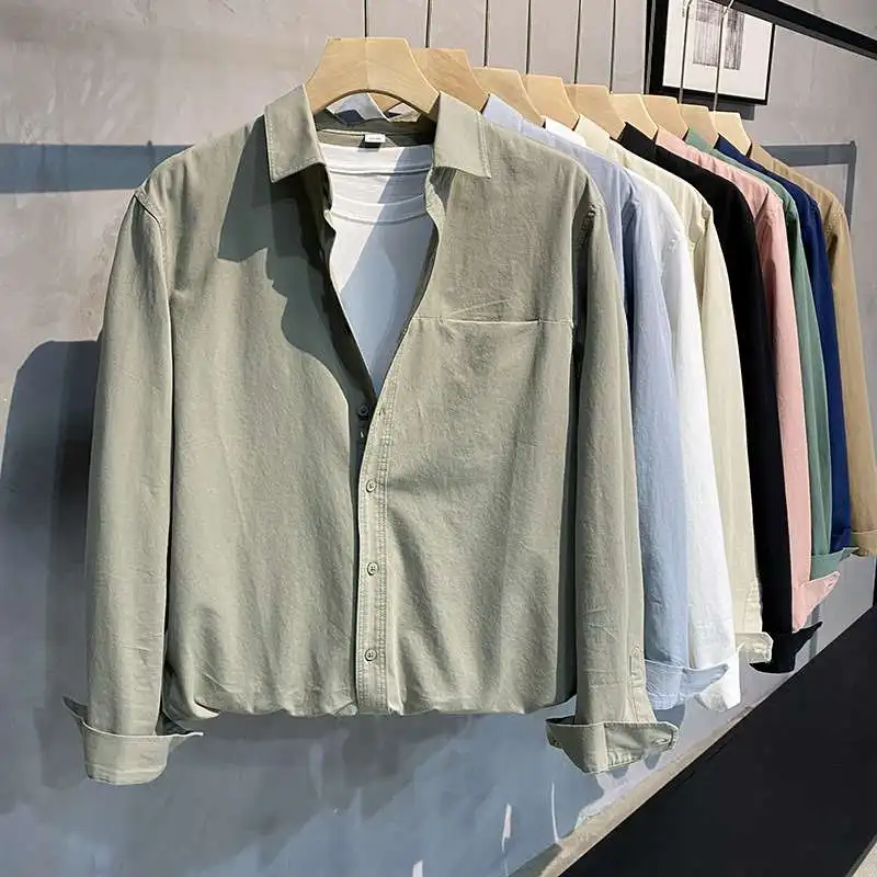 

Мужская осенняя высококачественная летняя повседневная однотонная рубашка-поло с защитой от морщин, приталенного кроя, длиной до лодыжки