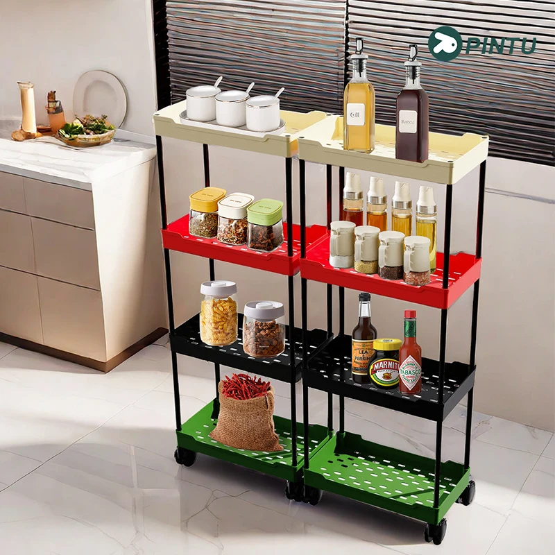 

Multi-Tier Folding Cart Shelving Unit for Bathroom, Kitchen, Living Room - Narrow Gap Fit, High Storage Capacity Trolley Rack