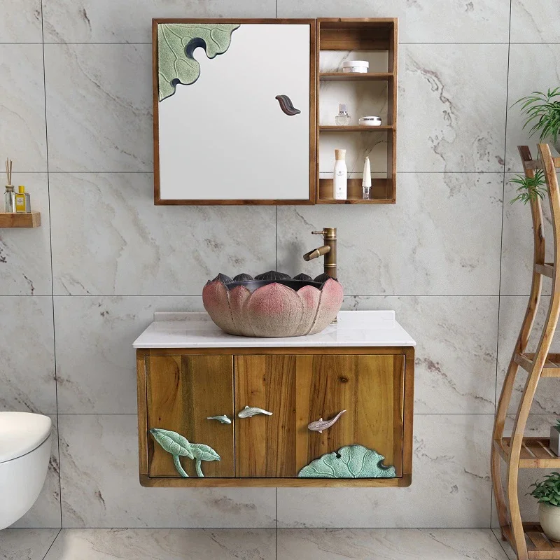 Antique Wash Basin Cabinet Combination Bathroom Solid Wood Cabinet Art Washstand Pool Small Apartment