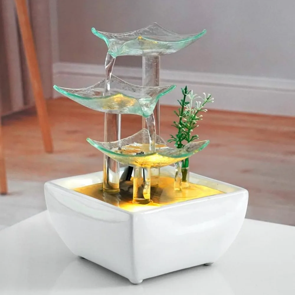 Indoor Tabletop Water Fountain Living Room Decor Office Desk Accessory 3-Tier Waterfall Fountain River Ambient Lighting Gift