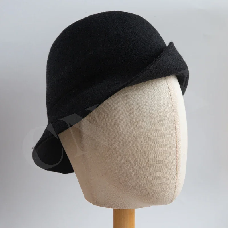 Women Vintage 100% Wool Felt Cloche Hat Adjustable Snap Button Bucket Hat Asymmetric Foldable Brim Winter Warm Church Cap