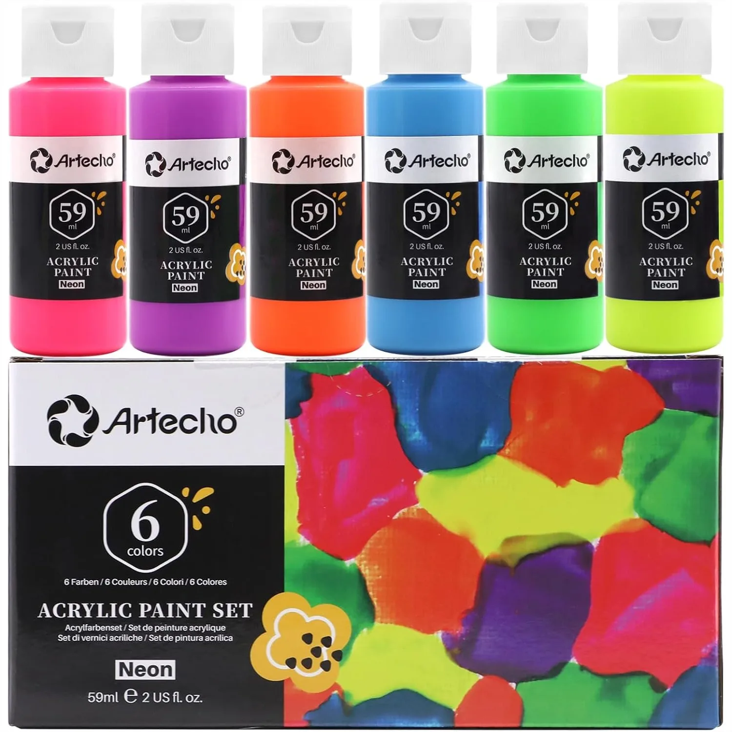 

Neon Acrylic Paint Set 6 Colors 2oz Each for Canvas Rock Wood Fabric Painting with Glossy Finish