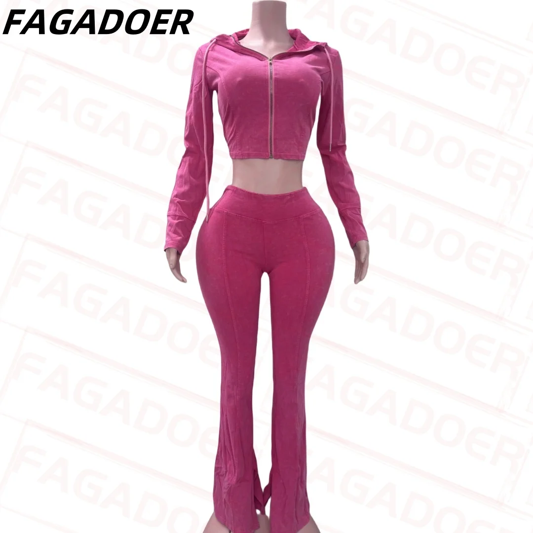 FAGADOER Quality Rib Stretchy Autumn 2 Piece Sets Women Outfit Casual Zip Hooded Patchwork Jacket And Flare Pants Joggers Suits