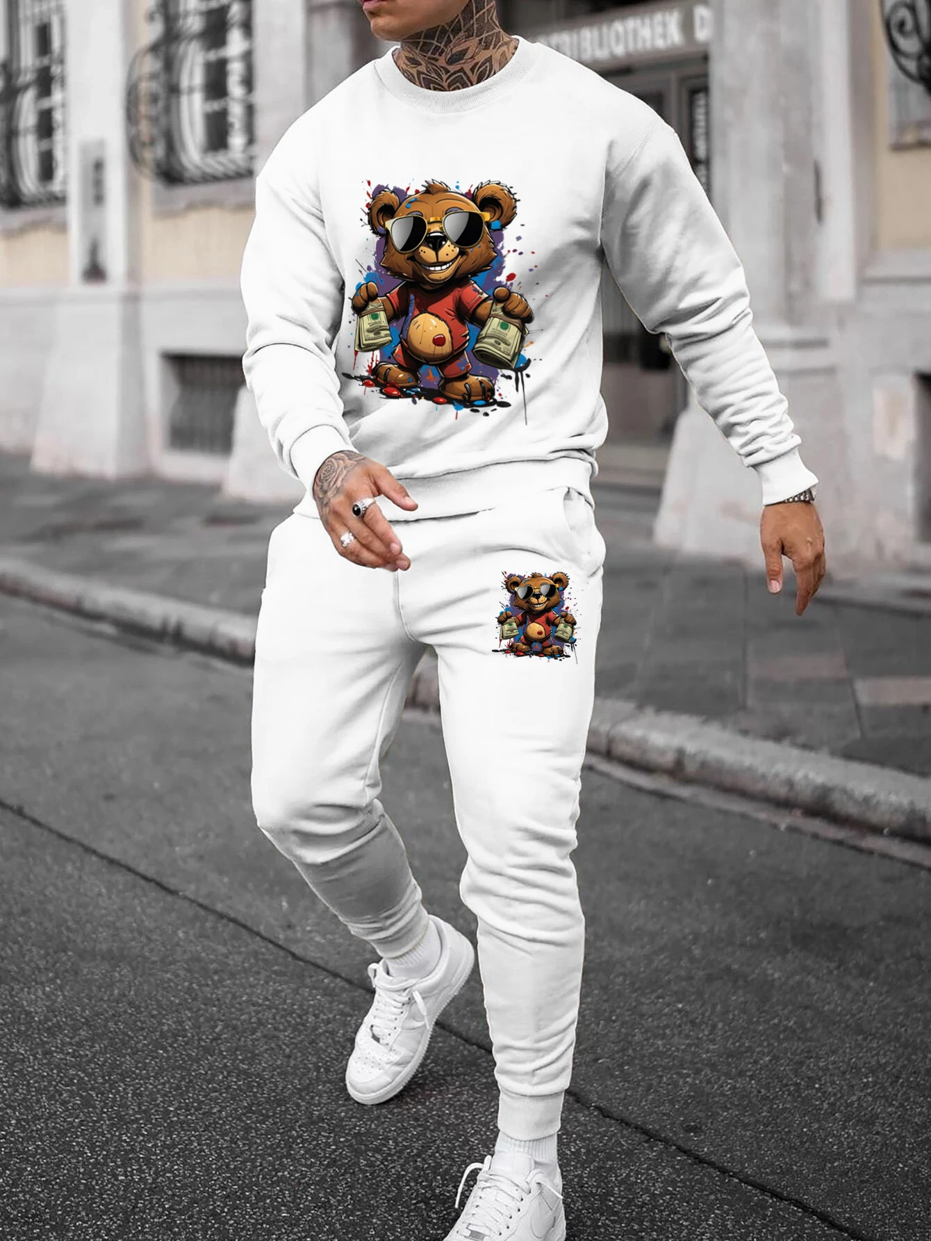 Men\'s Autumn and Winter Set With Sunglasses Bear Print Long-sleeved Pants Two-pieces Suit Comfortable Round Neck Sportwear