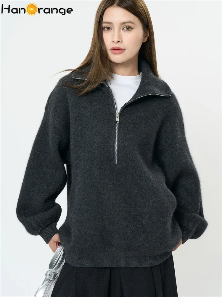 HanOrange 2024 Wintermode Silhouette Reißverschluss Rollkragen Wollpullover Damen Dicker, lockerer Top-Pullover Aprikose/Dunkelgrau