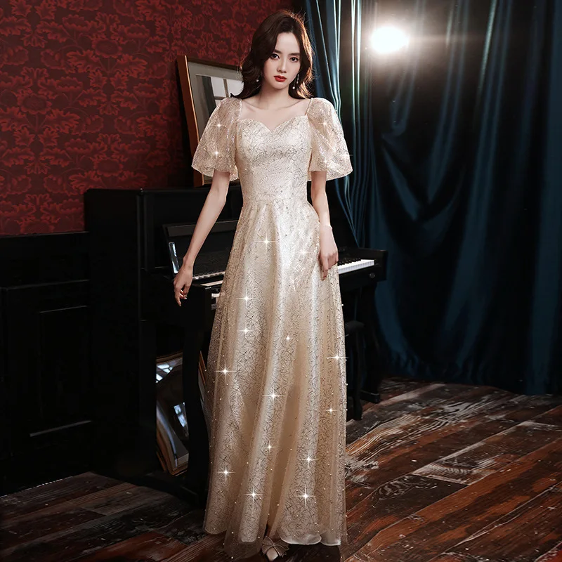 

Sexy Champagne Voile Women Formal Party Dress Grace Square Neck Cheongsam Charming Puff Sleeve Banquet Gown Robe De Soiree