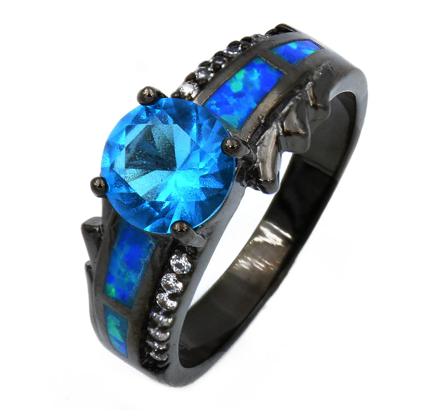 JieLing Women's Black Gold Ring with Pink Opal And Crystal Accents Elegant Cocktail Party Jewelry Gift image 2