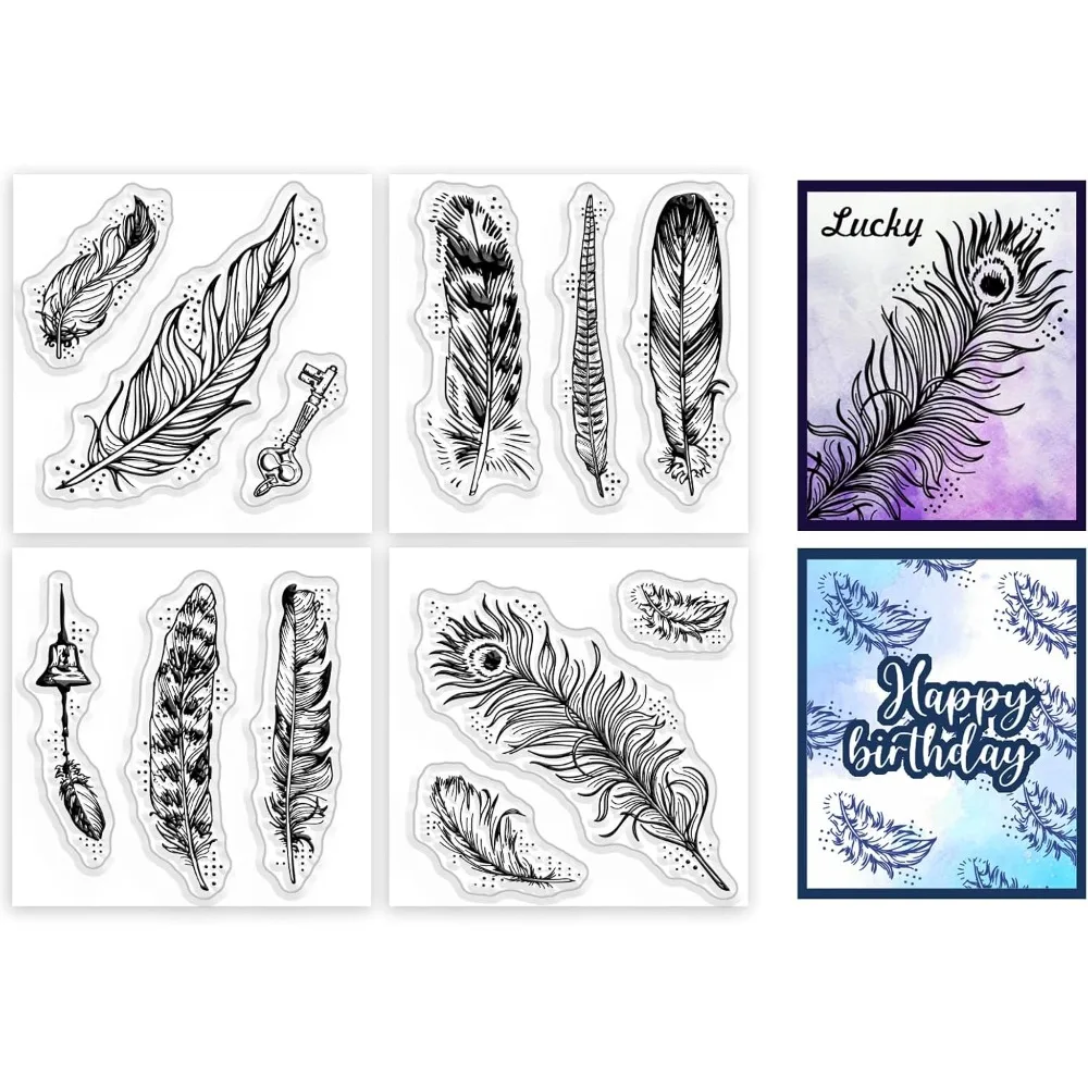 4Pcs Mini Feather Clear Stamps for DIY Scrapbooking Silicone Stamp Seals Transparent Stamps for Cards Making Photo Album