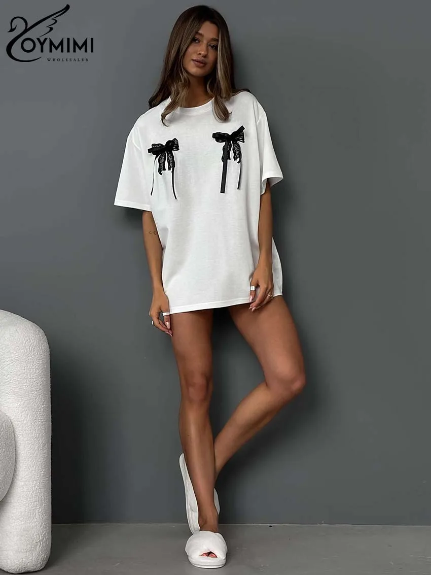 

Oymimi Summer Autumn White O-Neck Women's T-Shirt Casual Patchwork Black Bow Short Sleeve Blouses Elegant Loose Tops Streetwear