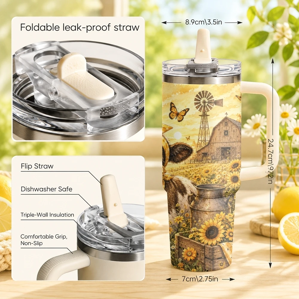 Country Cow Vacuum Flasks 40oz Stainless Steel Tumbler with Handle Straw Lid Vacuum Insulated Double Wall Leak Proof