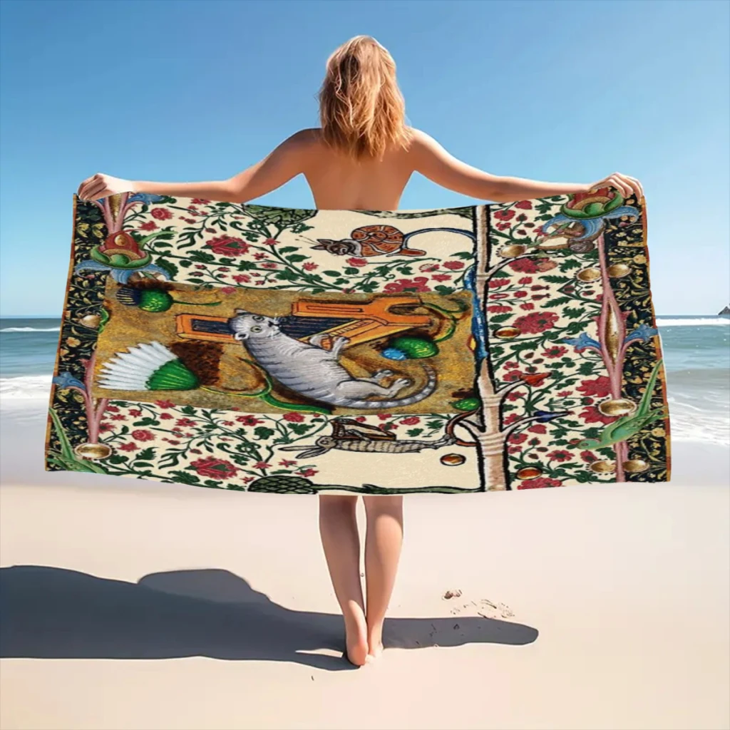 Microfiber Beach Towel WEIRD MEDIEVAL BESTIARY MAKING MUSIC Print Quick Dry Sandless Beach Blanket Soft Comfortable for Men