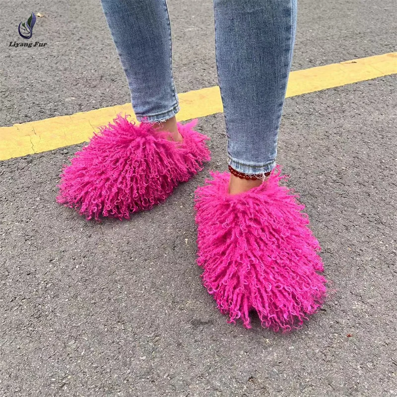 

Fashion Women Winter Faux Fur Slides Warm Fluffy Plush Luxury Furry Faux Sheep Fur Slippers